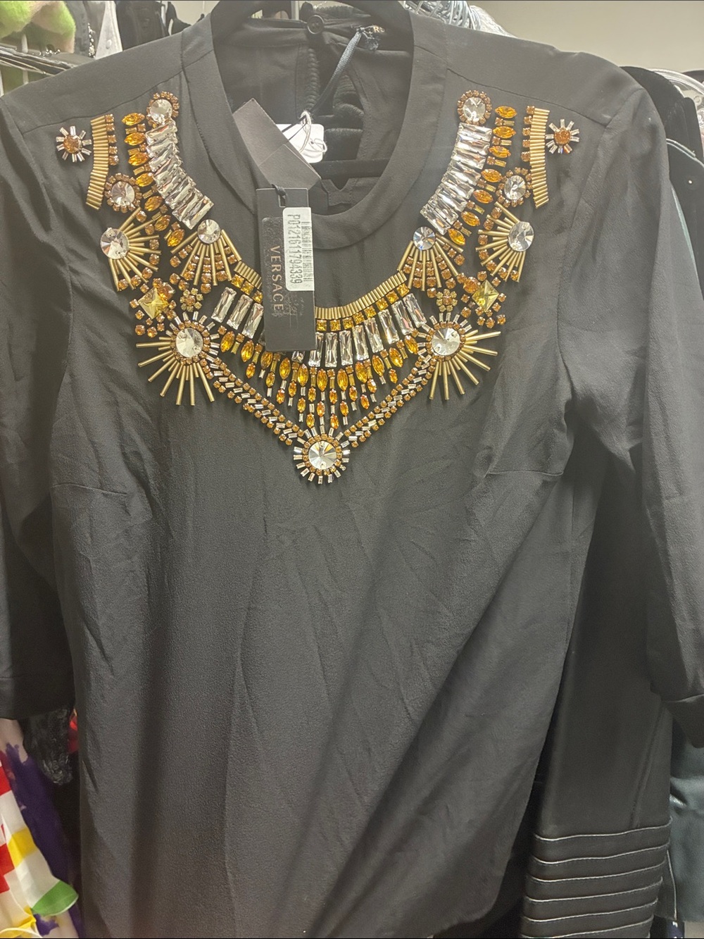 Versace Black Top with Gold and Amber Crystal Necklace Detail